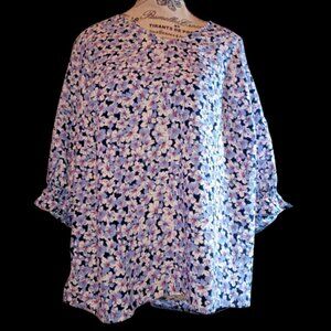 NWT Well Worn Blue Ditsy Floral Blouse XXL Boho V-Neck Ruffle Top